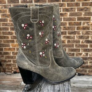 Seychelles Olive Suede Embroidered Floral Western Heeled Boots